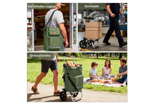 Sekey Einkaufstrolley 3-in-1 mit Kühlfach und Spanngurt, Faltbarer Einkaufswagen 42L & 35kg, 3-in-1 Trolley, Sackkarre & Umhängetasche, Ideal für Einkäufe