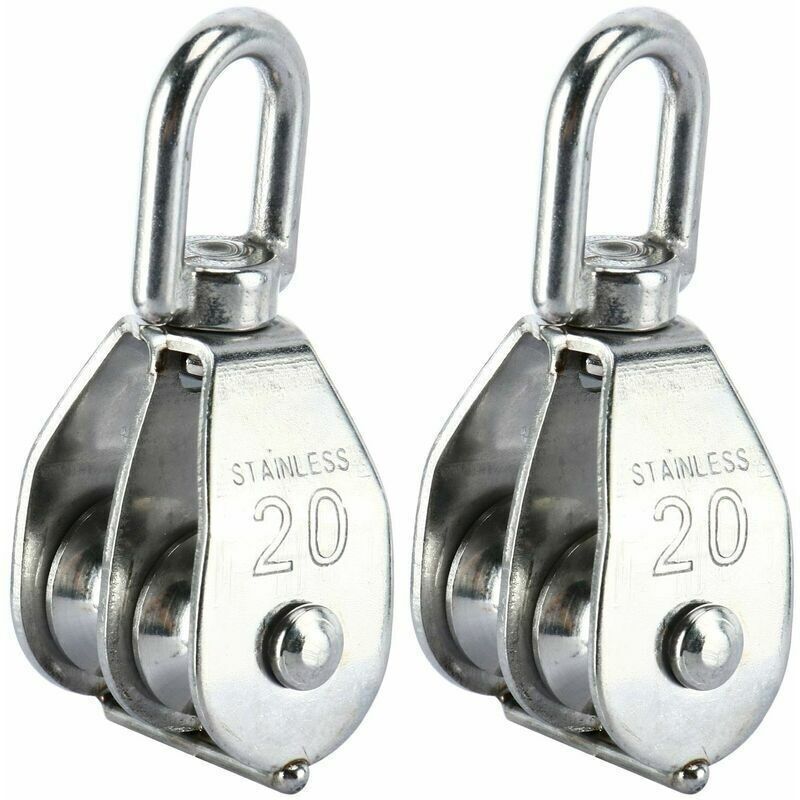 Set Aus 2 Doppelten Flaschenzugblöcken M20 – Edelstahl 304 – Maximale Belastung 75 Kg – Seil 7 Mm – Drehbarer Haken Für Effizienten Zug