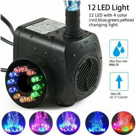 Fenoplasticaulisem – 15-w-springbrunnenpumpe – 800 L/h Fördermenge – 12 Mehrfarbige Leds – Für Teiche Und Aquarien – Leiser Betrieb