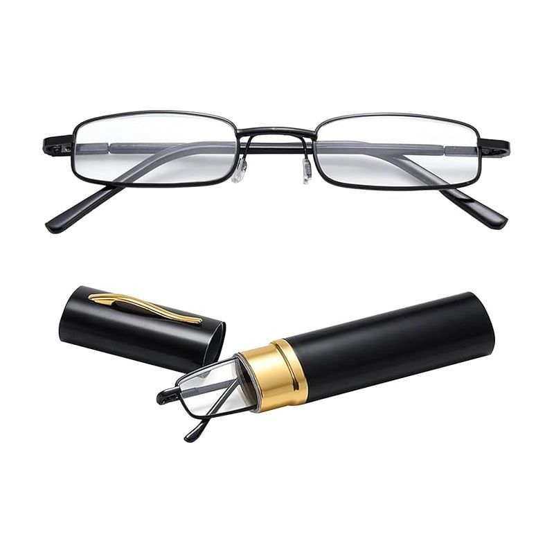 Klappbare Mini-lesebrille, Schmale Metall-lesebrille Mit Federscharnier, Unisex Lesehilfe Mit Etui, Schwarz, 2.0