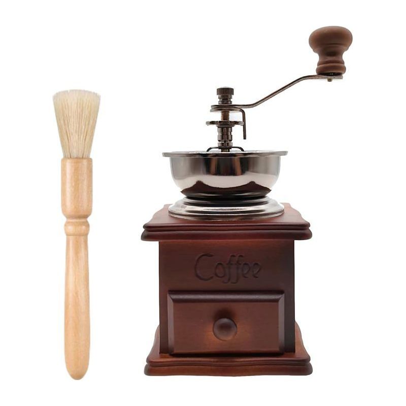 Vintage Handkaffeemühle Aus Holz 9x9x18cm – Keramikmahlwerk Mit Reinigungsbürste – Retro-design Und Funktional
