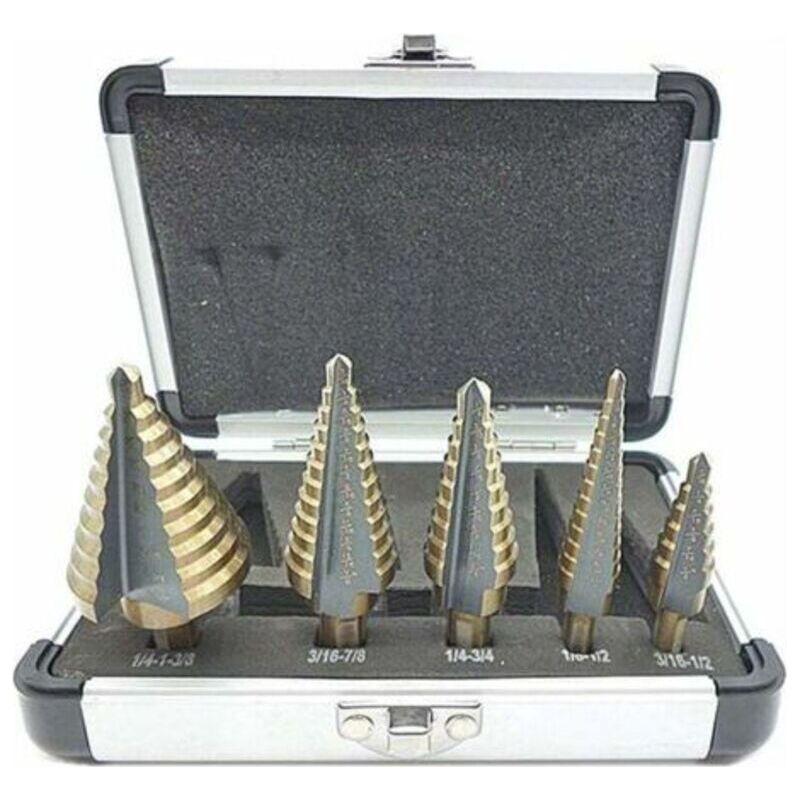 5-teiliges Hss-stufenbohrer-set Mit Titanbeschichtung – Automatischer Körner – 1/4-zoll-sechskantschaft – Präzises Bohren In Stahl Und Metall