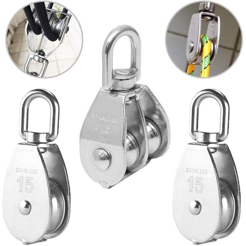 3 Stück Doppelte Schwenkbare Edelstahl-rollen, Heberolle Laderolle, Edelstahlrolle, Einfache Rolle, Einfache Edelstahlrolle, Heberolle M15