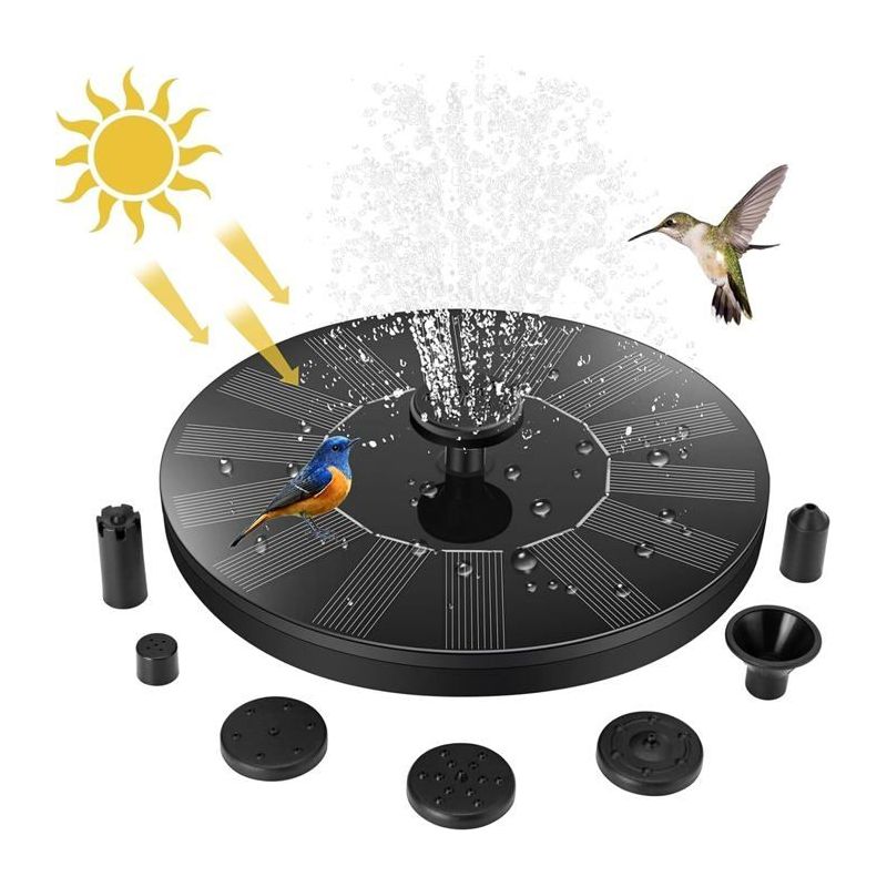 Solarbrunnen Für Den Garten, 1,5 W – Pumpe Mit 7 Düsen Und 4 Halterungen – Schwarz