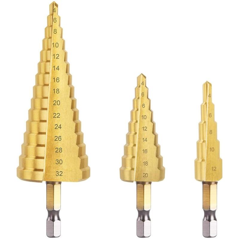 3-teiliges Abgestuftes Metallbohrer-set – Größen 4-12/20/32 Mm – 1/4-zoll-sechskantschaft – Hss-titan-stahl Für Schnelles Bohren In Metall, Holz Und Kunststoff