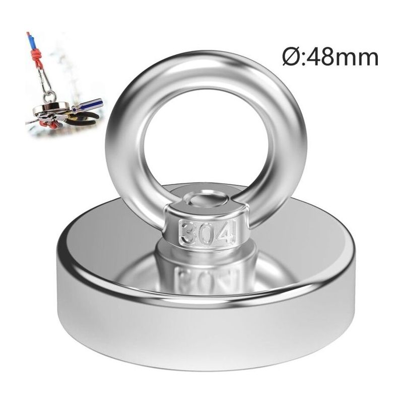 Neodym-magnet - Aimoonsa - 48 Mm - 75 Kg Zugkraft - Edelstahlgehäuse A3 - Edelstahlring 304