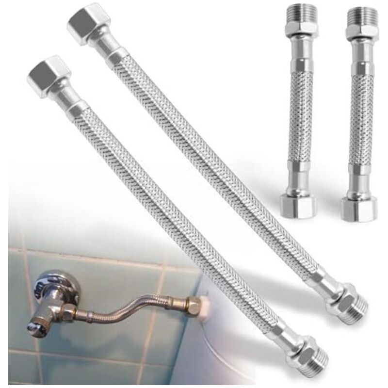 Flexibler Schlauch 3/8 Zoll – 4 Stück, Geflochtener Edelstahlschlauch Aus 304er Edelstahl, Anschlussschlauch Für Wasserhahn, Badezimmer, Wc, Verlängerungen Von 20 Cm Und 10 Cm