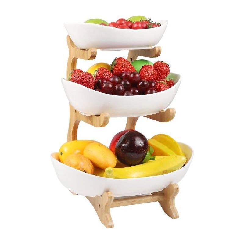 Dreistufiger Obstständer – Aus Keramik Und Holz, Ideal Zur Präsentation Von Kuchen, Obst Und Desserts.