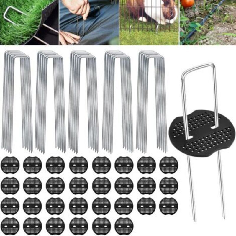 Verzinkte Stahl-befestigungspflöcke, 100 Stück + 30 Unterlegscheiben, Rasenklammern, Gartenpflöcke, Pfähle Für Unkrautvlies, Drahtgitter Und Netze - 150 Mm Lang, 30 Mm Breit, Ø 3 Mm