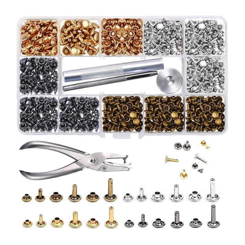 480er Set, 3 Größen, Doppelte Niete, Hohle Metallbolzen Mit 3-teiligem Befestigungswerkzeug Und Lochzange, 4 Farben