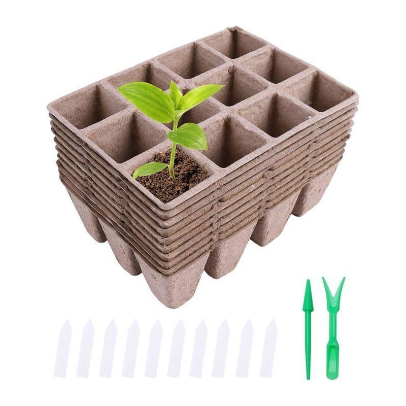 Biologisch Abbaubare Anzuchtplatten, 10 Stück – 12 Zellen (16×12×5 Cm), Töpfe 4×4×5 Cm