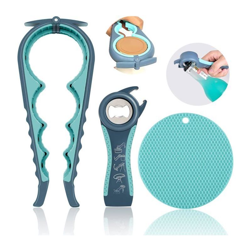 Multifunktionales Flaschenöffner-set, Bestehend Aus Einem 5-in-1-flaschenöffner Und Einer Rutschfesten Gummimatte, Blau.