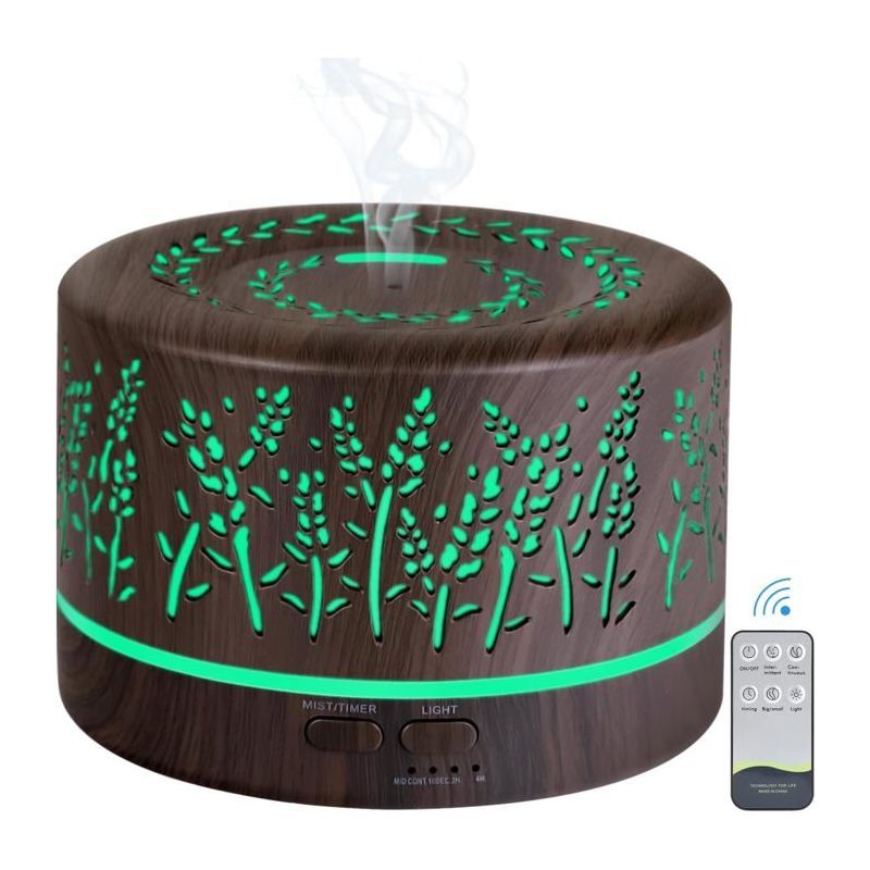 Ätherische Öle Diffusor 500 Ml, Luftbefeuchter, Automatische Abschaltung, Mehrere Lichtfarben, Dunkle Holzoptik, Pflanzenmuster