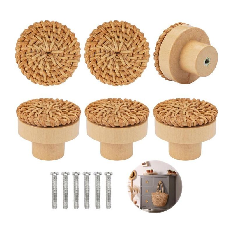 6 Stück Möbelknöpfe Aus Rattan Und Holz, Holzgriff Für Möbel, Schubladenknopf, Für Schränke, Schlafzimmer, Küche Und Büro