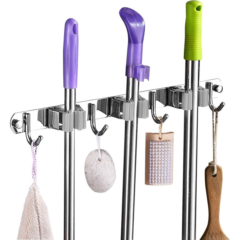 Wandhalterung Für Besen Aus Edelstahl, Besenhalter Mit 3 Klammern Und 4 Haken, Wandorganizer Zur Aufbewahrung Für Küche, Garten, Balkon Und Garage (schrauben Und Klebeband Enthalten) - Grau