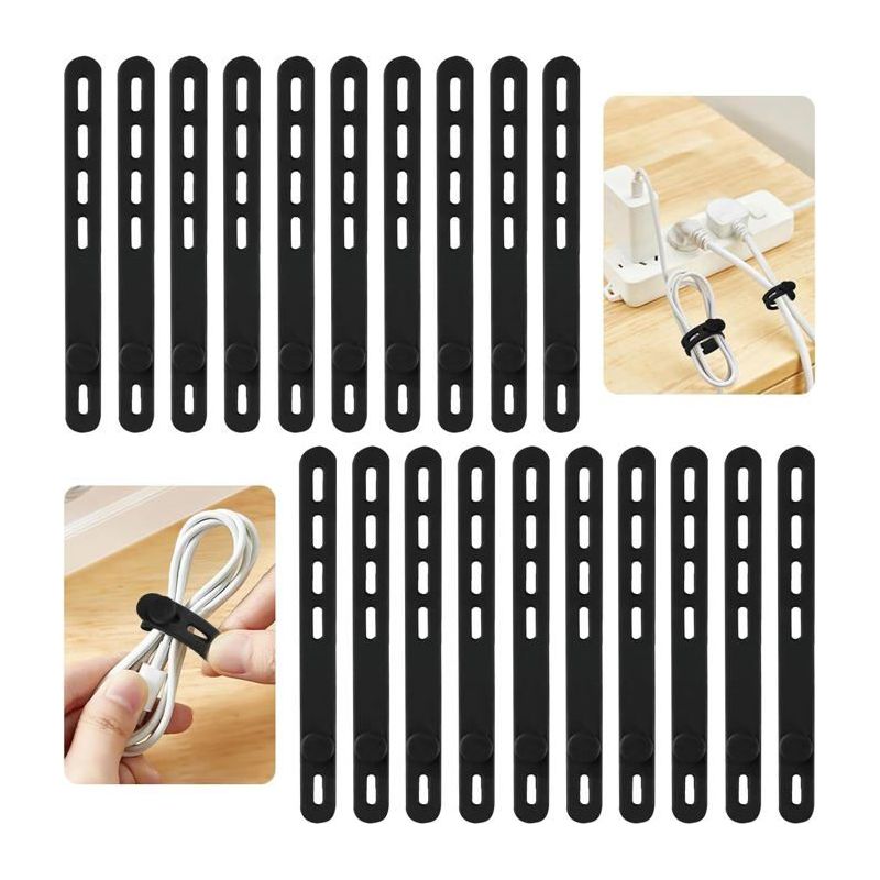 20 Wiederverwendbare Schwarze Silikon-kabelbinder Zur Befestigung Von Kopfhörer-, Handy- Und Ladekabeln.