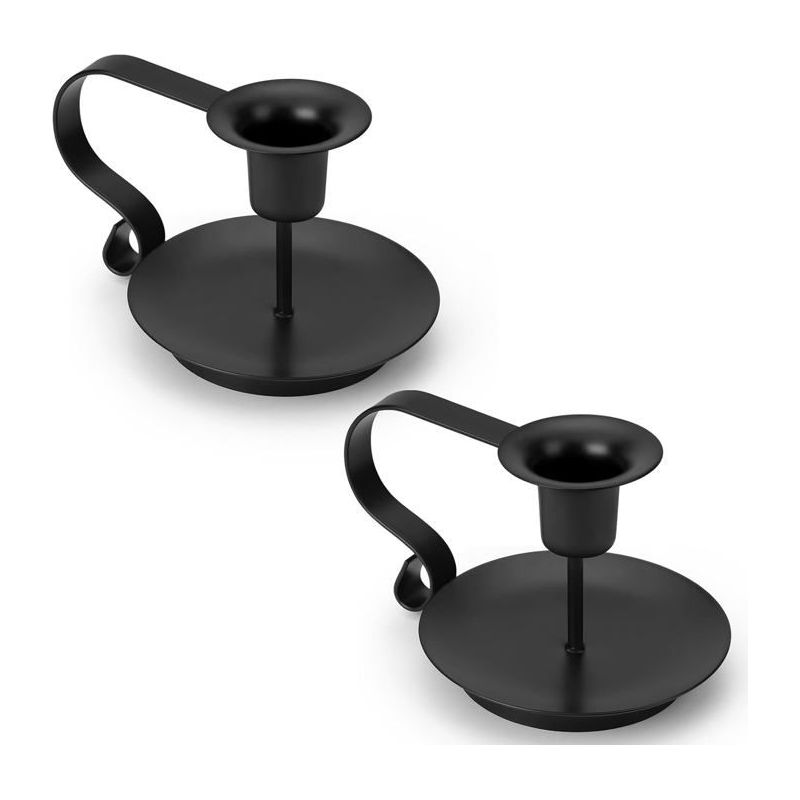 Set Aus 2 Schwarzen Metallkerzenständern Mit Griff, Ideal Für Die Tischdekoration Und Weihnachtsdekoration.