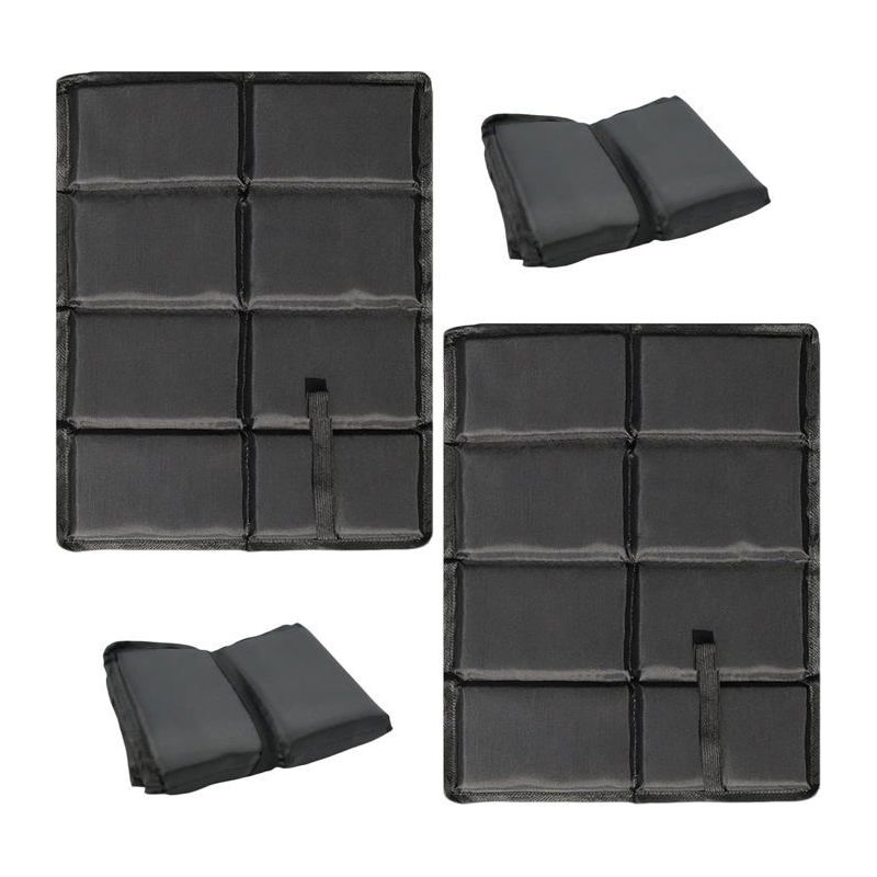 Set Aus Zwei Schwarzen Außenkissen, Einschließlich Zwei Aufbewahrungstaschen Und Einem Tragbaren Heizkissen.