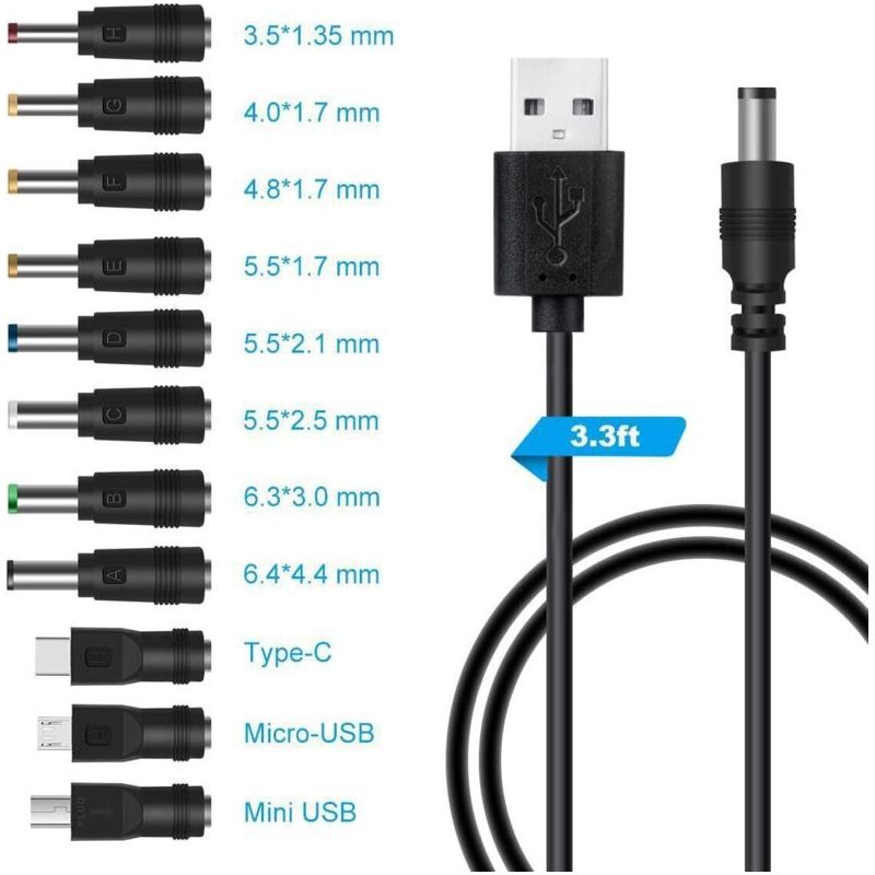 Usb-auf-dc-5v-kabel, Usb-auf-dc-stromkabel, 11-in-1 Dc-netzteiladapter 5,5 X 2,1 Mm Dc-hohlstecker Für Laptop, Router Usw. (1 M, Schwarz)