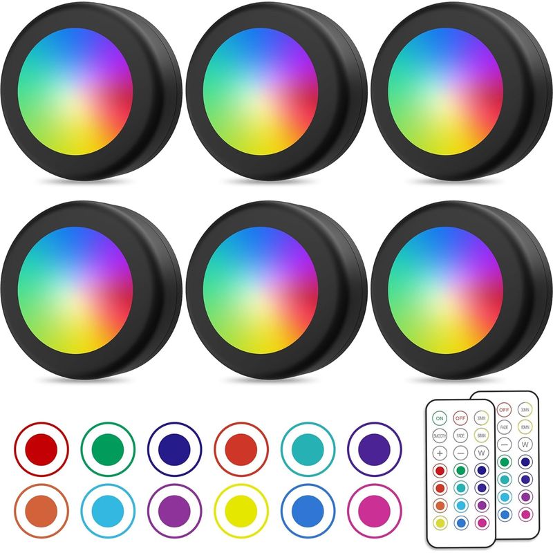 Kabellose Led-spots, Farbige Schranklampen Mit Fernbedienung, Batteriebetriebene Küchenbeleuchtung Unter Dem Schrank, Einstellbare Led-nachtlichter, 6er-pack