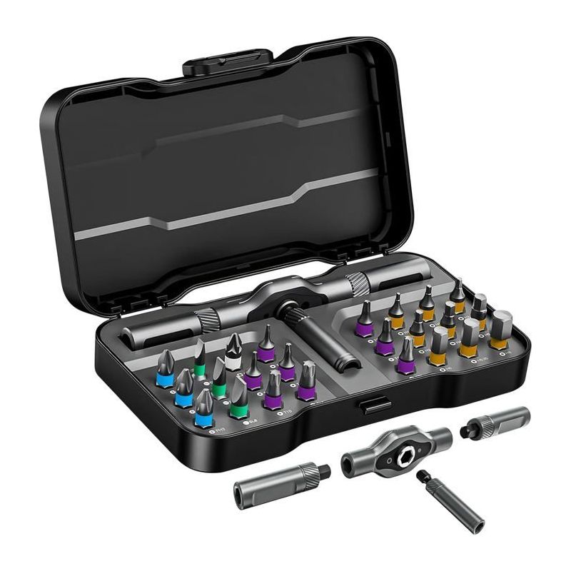 24-in-1 Ratschenschraubendreher Magnetisch - 24 S2 Bits - Abnehmbarer Aluminiumgriff - Kompakt Für Möbel/pc/heimwerken