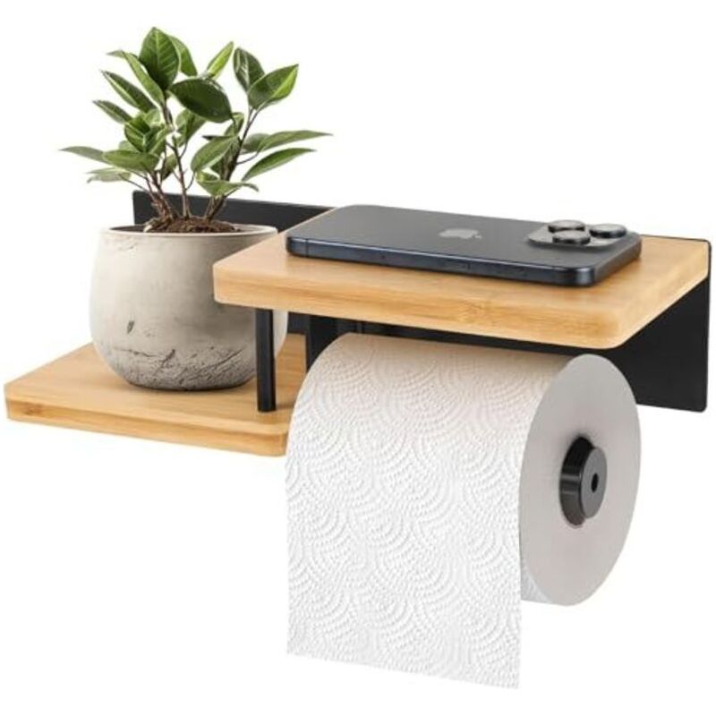 Toilettenpapierhalter Mit Ablage, Toilettenpapierhalter Aus Stahl Und Bambus, Toilettenpapierhalter Ohne Bohren Holz, Papierrollenhalter Für Küche Und Bad