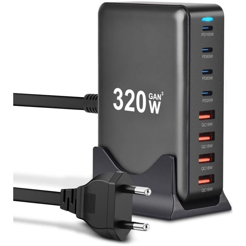 320w Usb-c-ladegerät, 8-port-multi-gan-netzladegerät Mit 4 Usb-c- Und 4 Usb-a-anschlüssen, Schnellladestation, Netzadapter Kompatibel Mit Macbook Pro/air Laptop, Iphone, Ipad Pro, Galaxy, Steamdeck
