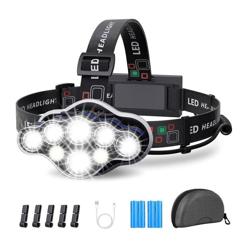 Stirnlampe 18000 Lumen, 8 Led, 8 Lichtmodi, Usb-aufladbar, 9° Verstellbar, Wasserdicht Und Leicht Für Angeln, Camping, Lesen