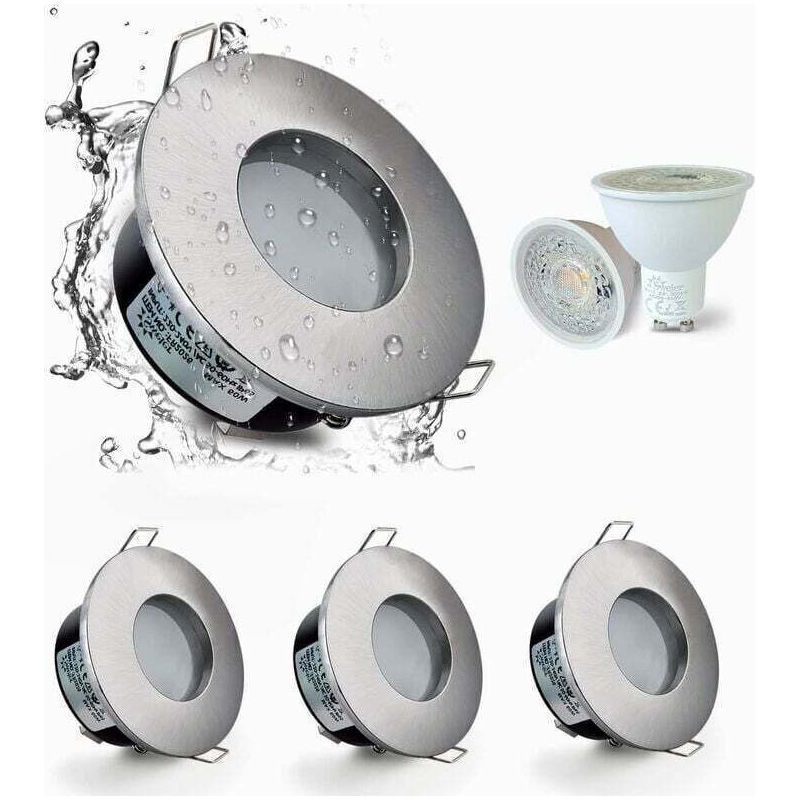 Set Aus 4 Led-einbaustrahlern Ip65 Wasserdicht 5w 3000k Warmweiß – Beleuchtung Für Badezimmer Und Küche – Ausschnitt 68mm Satiniertes Nickel