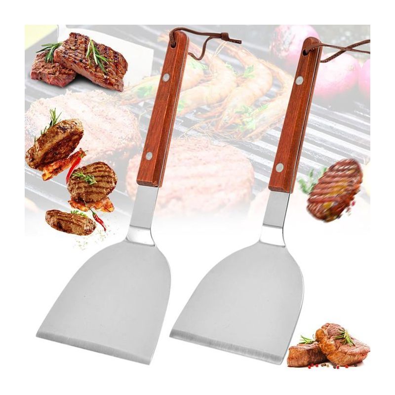 Ensemble Aus 2 Edelstahl-teppanyaki-spateln Mit Hitzebeständigem Holzgriff – Groß Und Klein