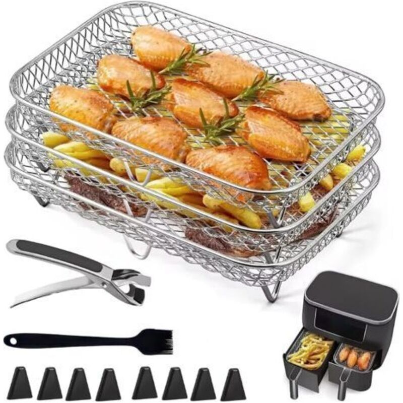 Airfryer-einsätze, 3-teilig, 304 Edelstahl Airfryer-korb-tablett-zubehör, Heißluftfritteuse, 3 Schichten Stapelbar Mit Clip Für Mikrowellenofen (quadratisch)
