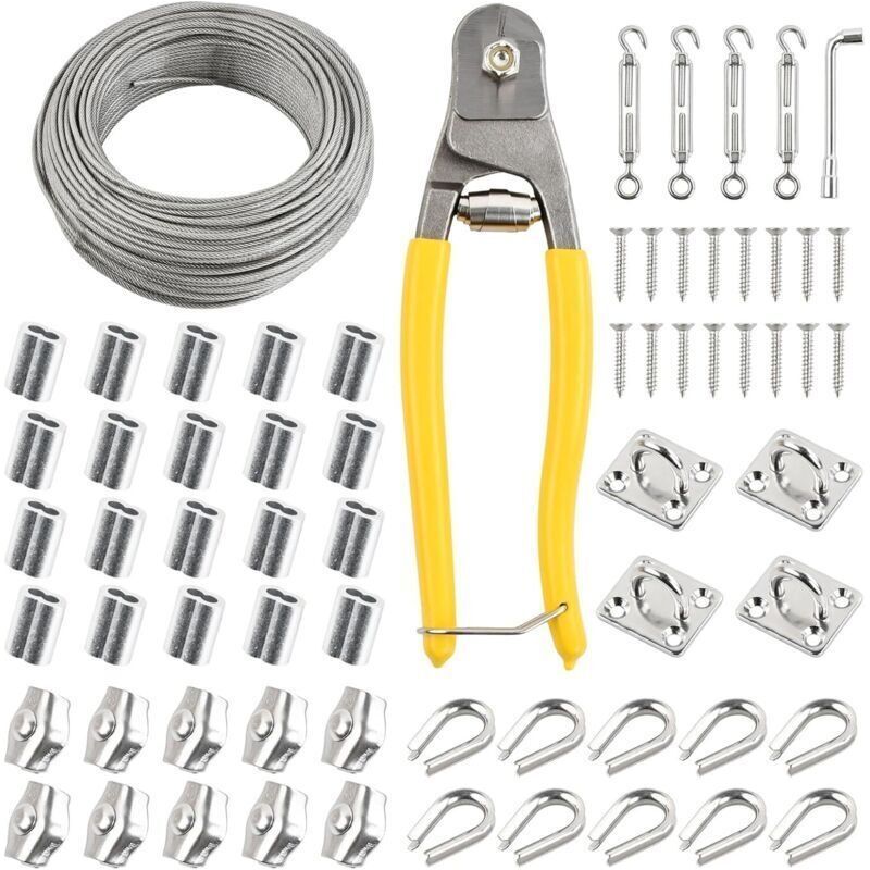 50m Stahlseil, 67-teiliges Set Mit 3mm 7x7 Seilhülle, 4 Spannschlössern, 20 Presshülsen, 10 Kabelösen, 10 Zangen, 4 Wandhaken, Schlüssel Und Drahtschneider, Edelstahlseil Für Vorhangdraht