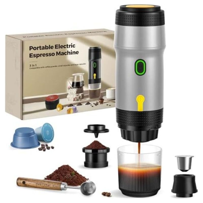 3-in-1 Tragbare Kaffeemaschine, 20 Bar, Extraktion Bei 92 °c, 7500-mah-akku, Usb-/12-v-zigarettenanzünder-ladung, Espressomaschine Für Kapseln Und Gemahlenen Kaffee (silber)