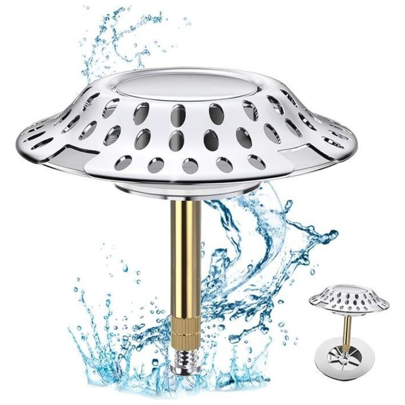 2-in-1 Badewannenstopfen Mit Haarfilter, Badewannenstöpsel, Federkern, Badewannenstopfen Aus Edelstahl Und Messing, Ø 72 Mm - Rostfreier Verstellbarer Badewannenstopfen