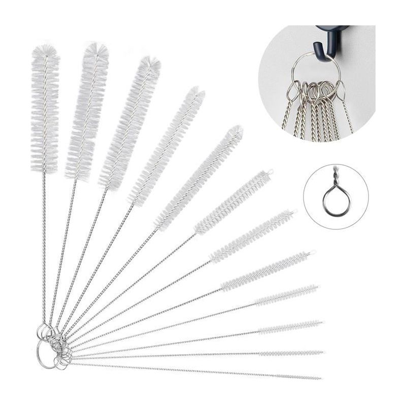 Set Mit 12 Nylon-reinigungsbürsten. Für Babyflaschen, Flaschen, Wasserkocher, Rohre Und Tastaturen. Farbe Weiß.