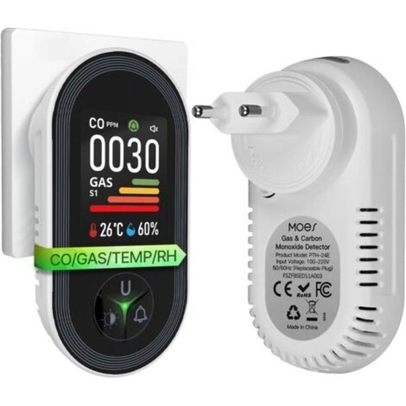 Kohlenmonoxid- Und Gasdetektor Mit Steckdose – 4-in-1 Co-detektor Mit Temperatur- Und Feuchtigkeitssensor – Akustischer Alarm Für Lpg, Propan, Methan, Ethan & Co – Für Haus Und Wohnwagen
