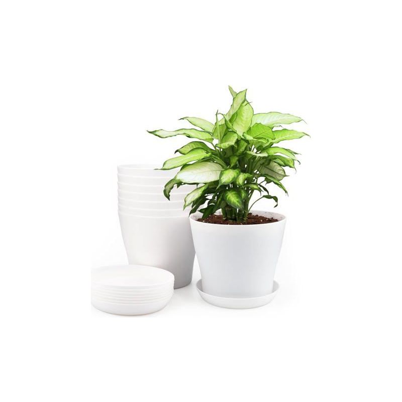 8er-set Weiße Kunststoffblumentöpfe Ø14 Cm Mit Untertassen Und Abflusslöchern - Für Innen- Und Außenbereich