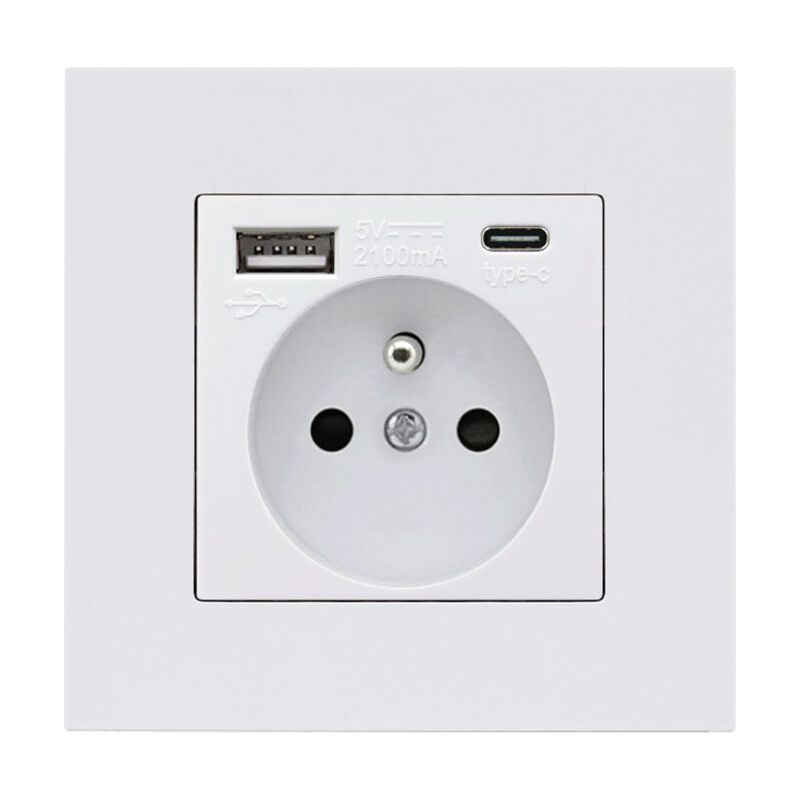 Usb- Und Typ-c-steckdosenleiste 16a – 2 Steckdosen + 1 Usb-anschluss + 1 Typ-c-anschluss – Horizontale/vertikale Installation – Quadratisches Weißes Design - Usb16a