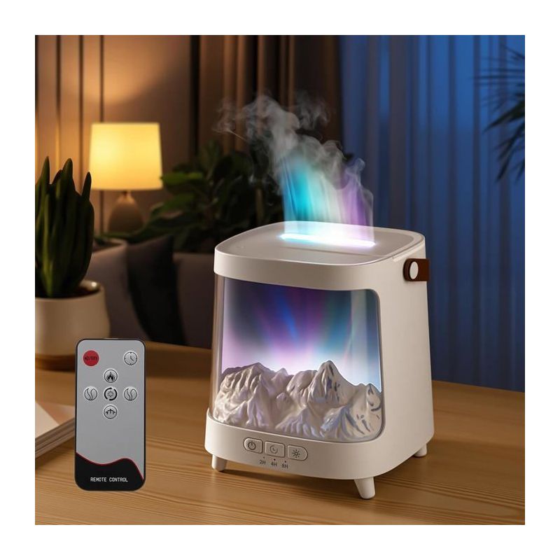 Aromadiffusor Mit Fernbedienung, Schneebedecktes Bergmotiv, 7 Lichtfarben/nordlicht-flammeneffekt, 200 Ml
