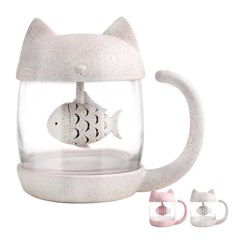 Glas-tasse Mit Katze, Wasserflasche Mit Fisch-teeinfuser, 250ml Teesieb Für Losen Tee