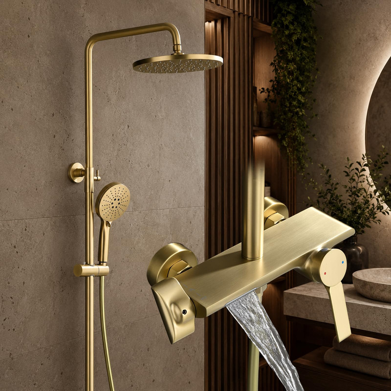 Regendusche Mit Armatur Duschsystem Gold Mit 3-funktion Handbrause Duschgarnitur Mit Regendusche Aus Messing, Duscharmatur Komplettset Anhebbarer Brausestange Duschset