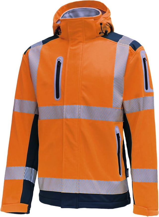 vizwell Softshelljacke Warnschutz Sicherheitsjacke warnorange warngelb mit Kapuze