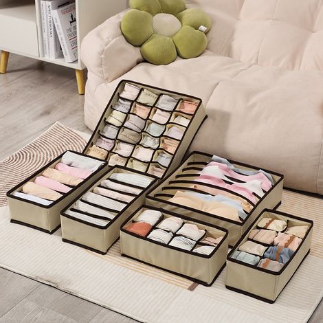 Faltbare Schubladenboxen Aus Vliesstoff Für Unterwäsche, Bhs Und Socken, Beige, 6er-set
