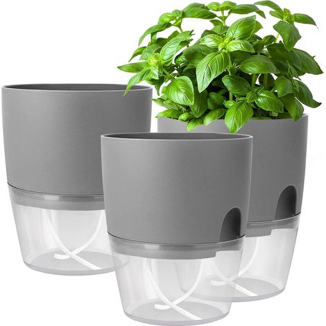 Zimmerblumentöpfe Mit Bewässerungssystem, Extra Großem Wasserreservoir, 15 Cm, 3er-set, Grauer Kunststoff