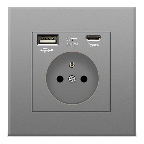 Graue Wandsteckdose Mit Usb- Und Typ-c-anschluss, 2100 Ma, 5 V, Glas