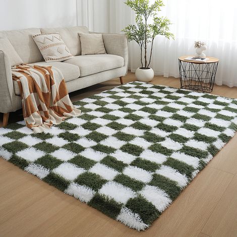 Flauschiger Wohnzimmerteppich, Bettvorleger, Weicher Langflorteppich Für Schlafzimmer Oder Sofa, Plüsch, 160 X 230 Cm, Weiß Und Grün