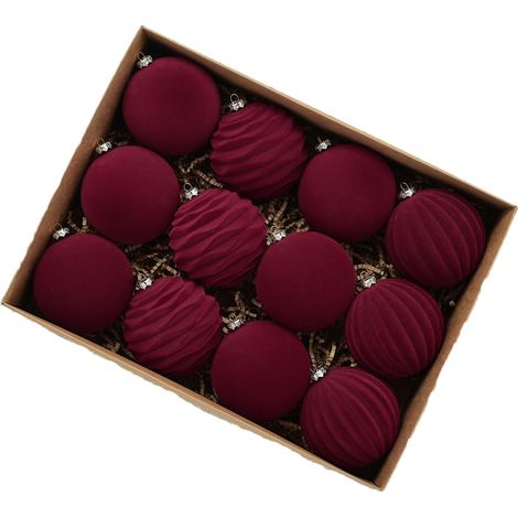Exquisite Retro-weihnachtskugeln Aus Bordeauxrotem Samt, 12 Stück, 8 Cm