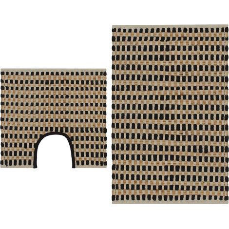 Set Handgewebter Badematten Aus Naturfarbenem Und Schwarzem Jute