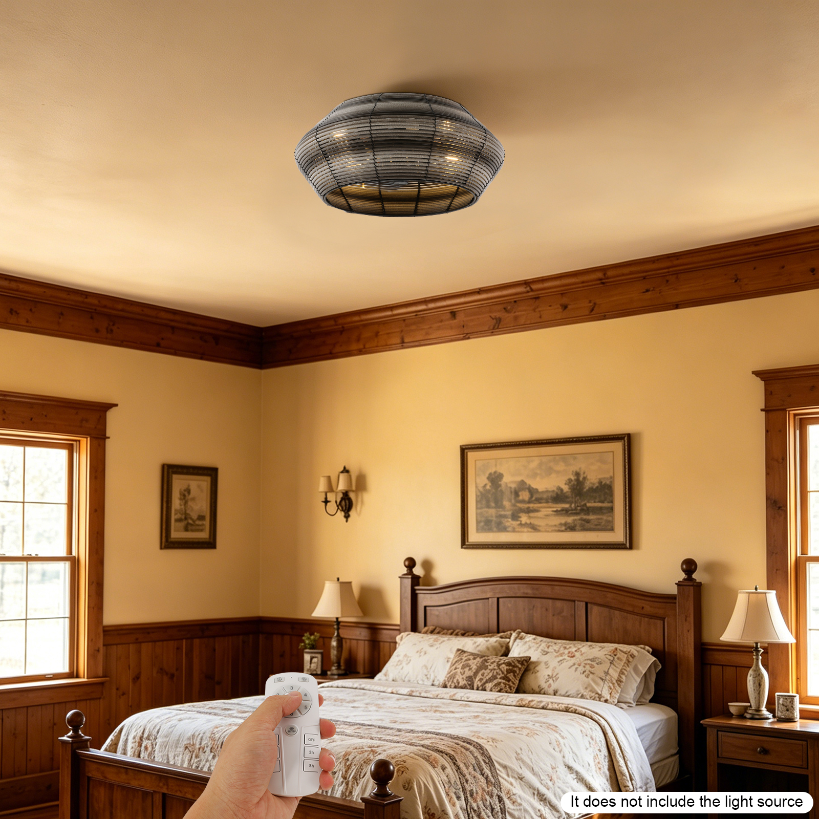 Deckenventilator Mit Beleuchtung, E27-fassung Im Retro-stil, Fernbedienung, 6 Geschwindigkeiten Mit Timer, Natürliches Geflochtenes Rattan