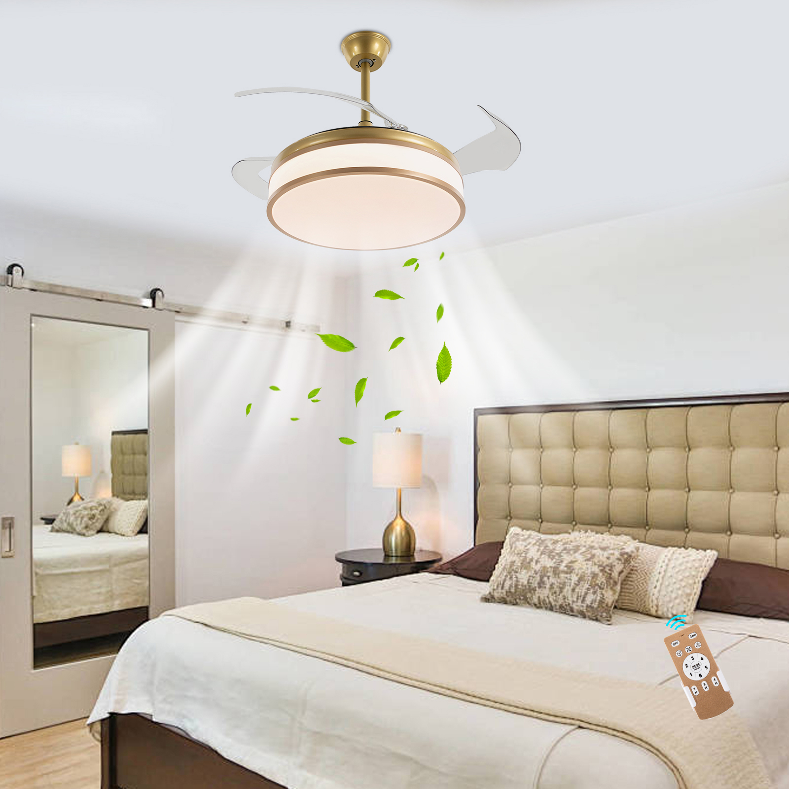 Integrierter Goldener Deckenventilator Mit Beleuchtungs- Und Fernbedienungsfunktion, Unsichtbarer Einziehbarer Ventilator, Einstellbare 3-farbige Led, 6 Windstufen, 42 Zoll